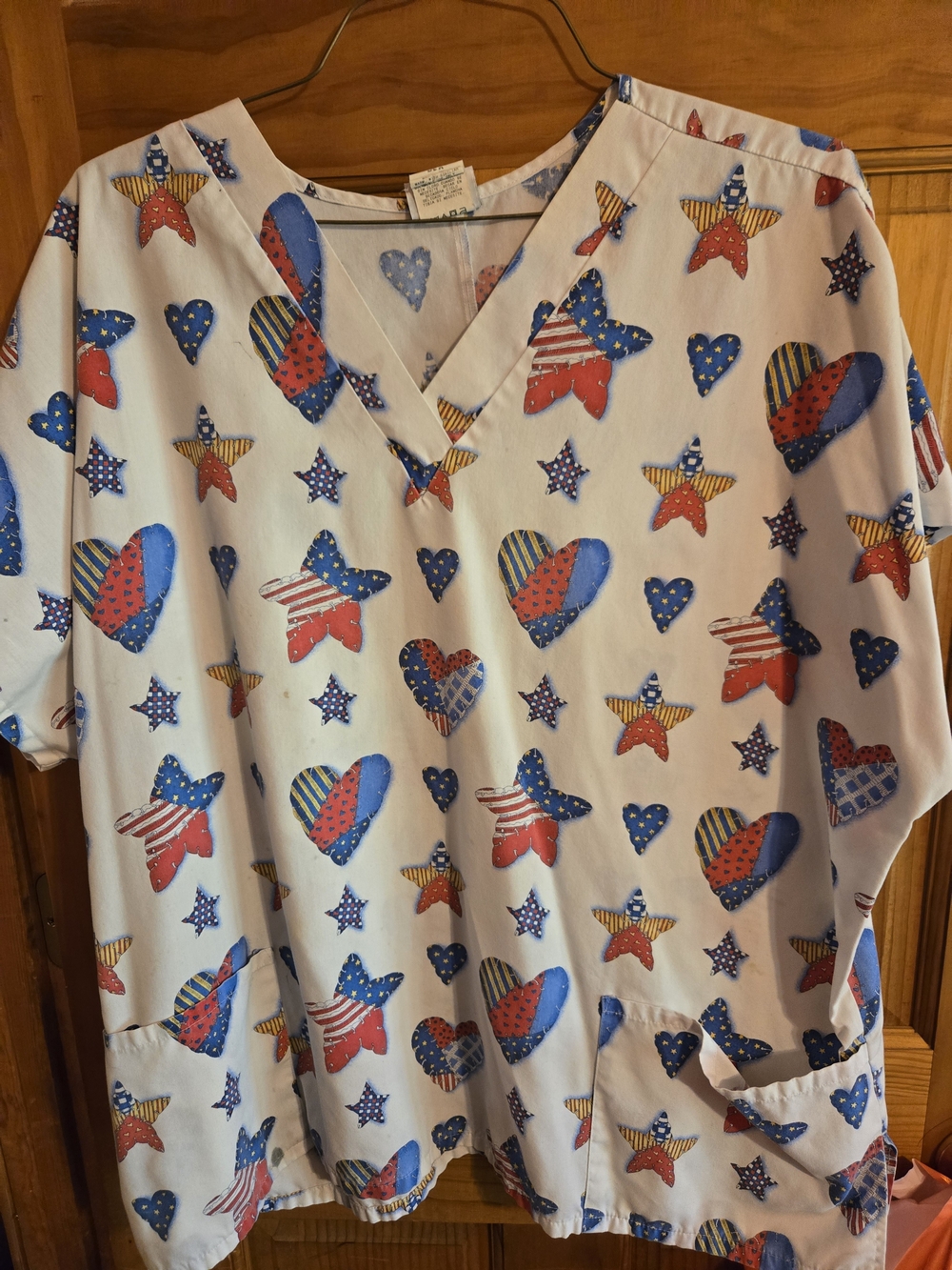 Patriotic Heart & Star Scrub Top - Red, Blue, White